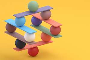 spheres and flat sticks all balancing on one sphere